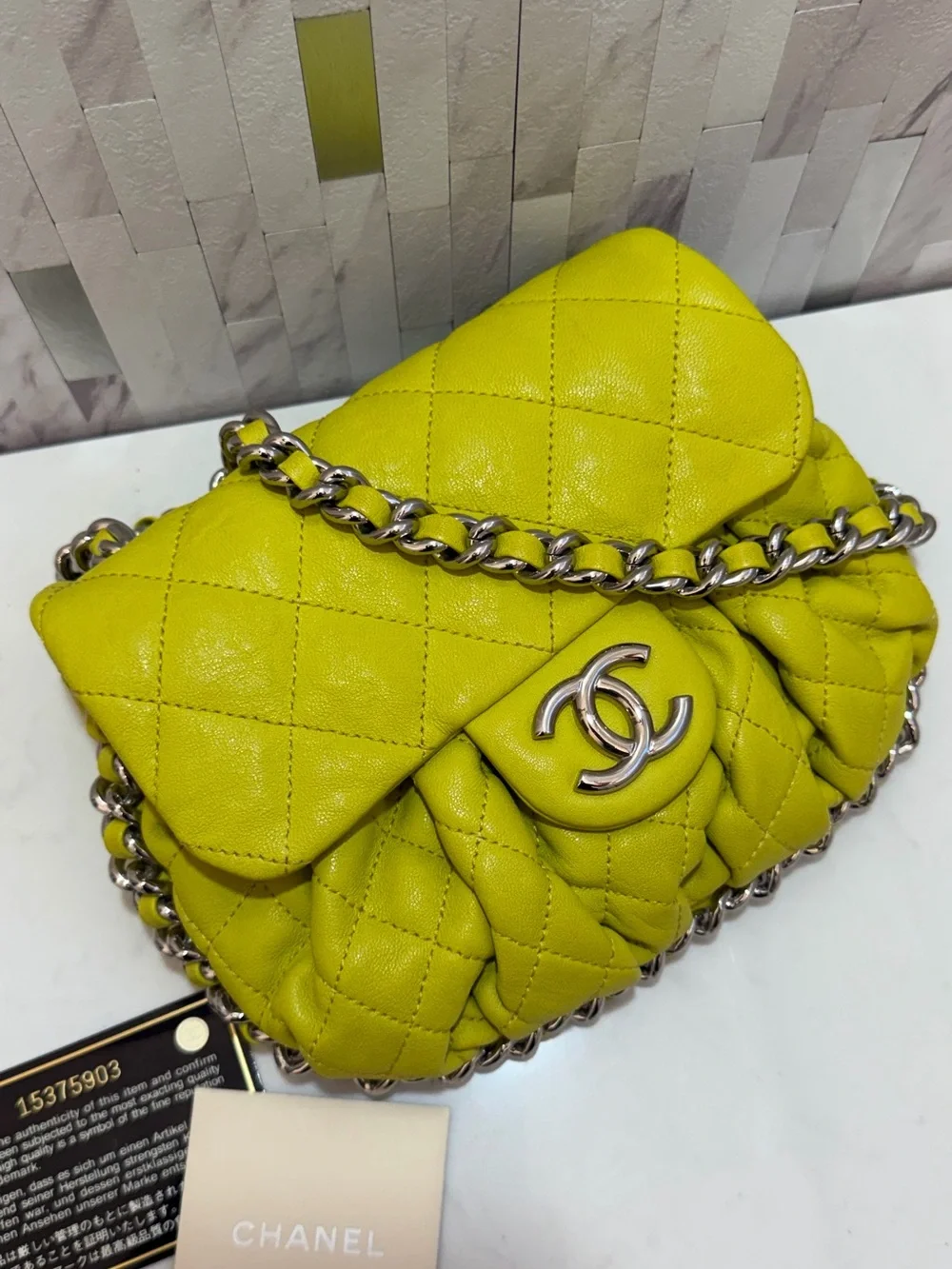💛CHANEL Washed Acid Yellow Lambskin Quilted Mini Chain Around Flap Bag